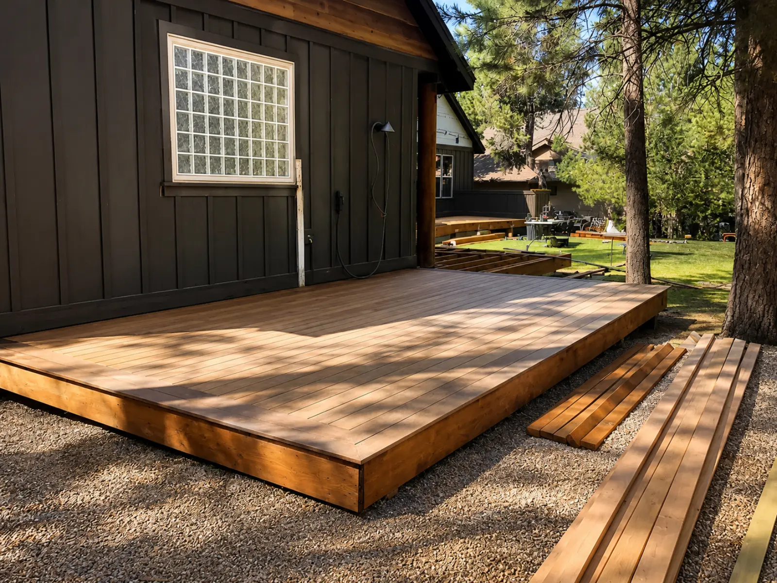 Deck installation in progress with framing and finish boards underway by Almog Construction.
