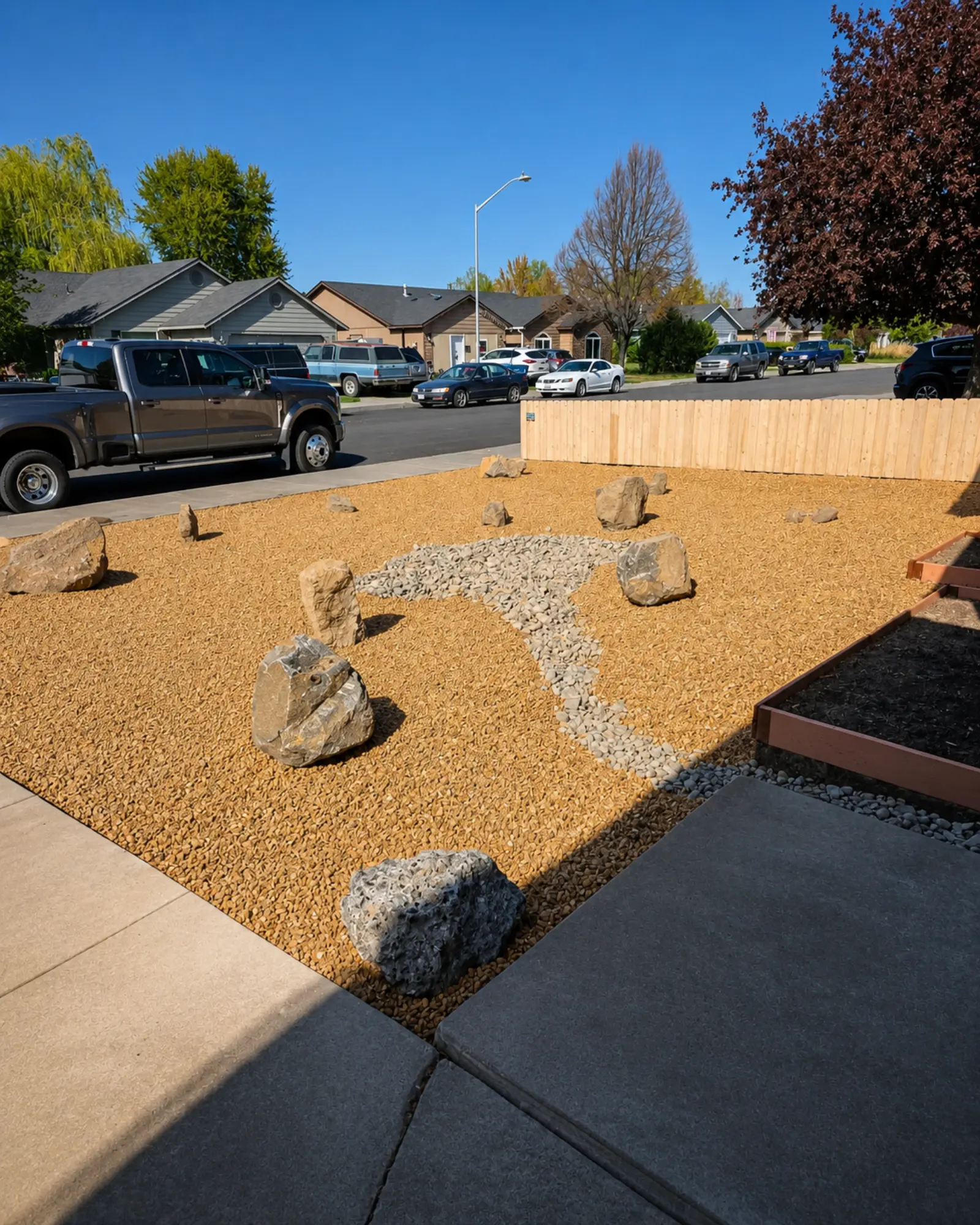 Xeriscaped front yard landscape remodel by Almog Construction in Central Oregon.