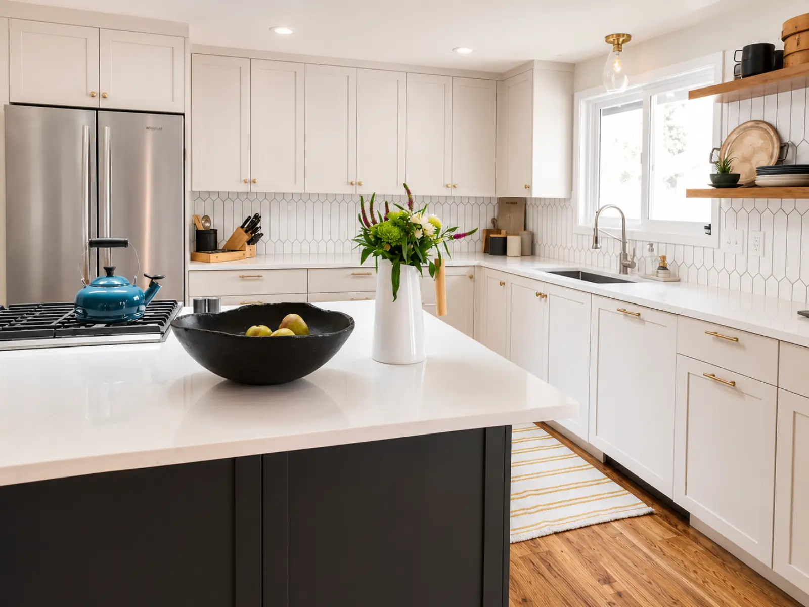 Two-tone kitchen with oversized island and white quartz surfaces by Almog Construction.