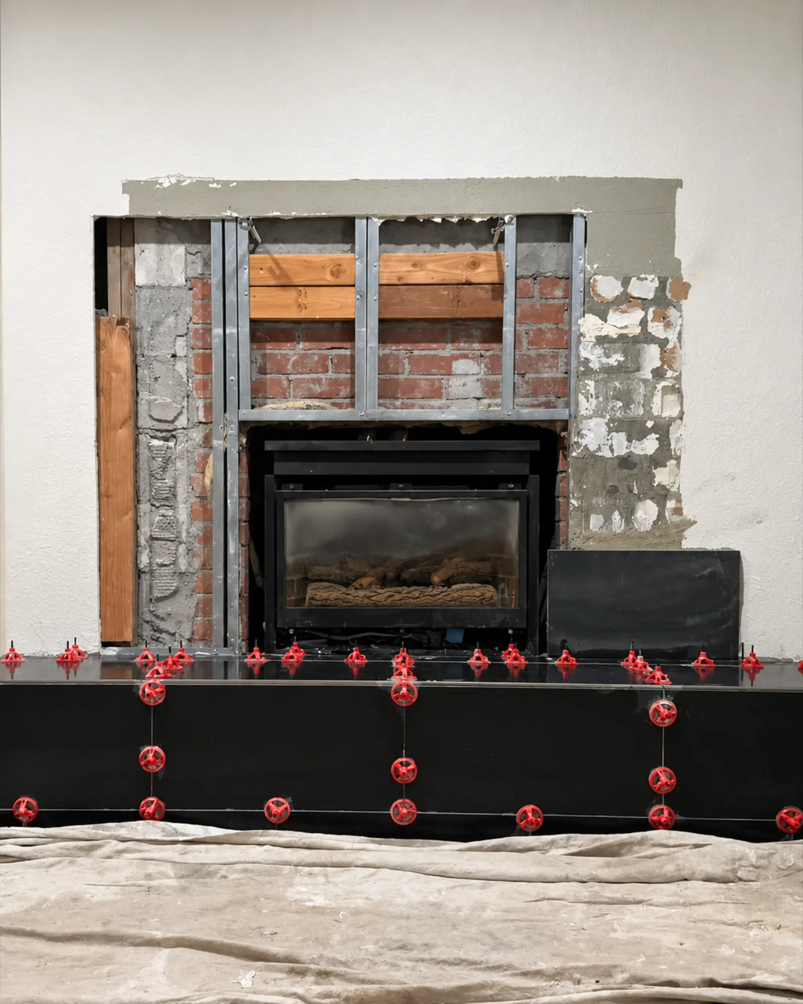 Fireplace renovation during structural preparation and tile installation by Almog Construction.