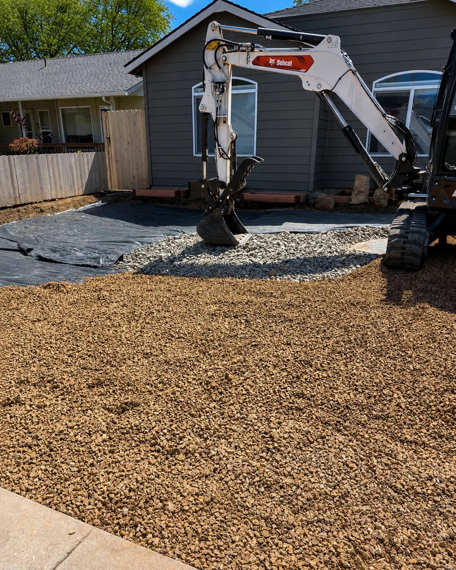 Landscape fabric, drainage layer, and engineered gravel base installed before final landscaping by Almog Construction in Central Oregon.