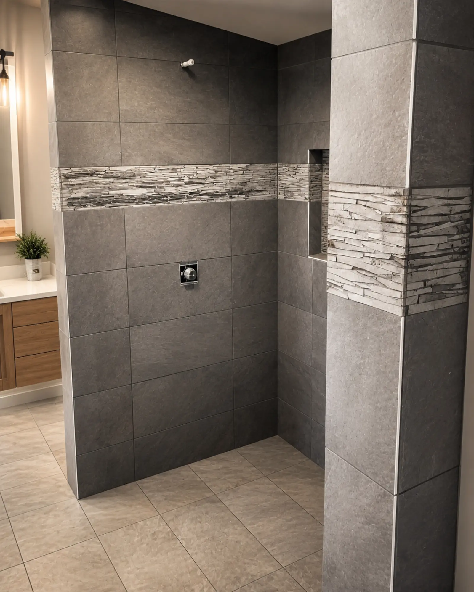 Modern minimalist shower and vanity space by Almog Construction.