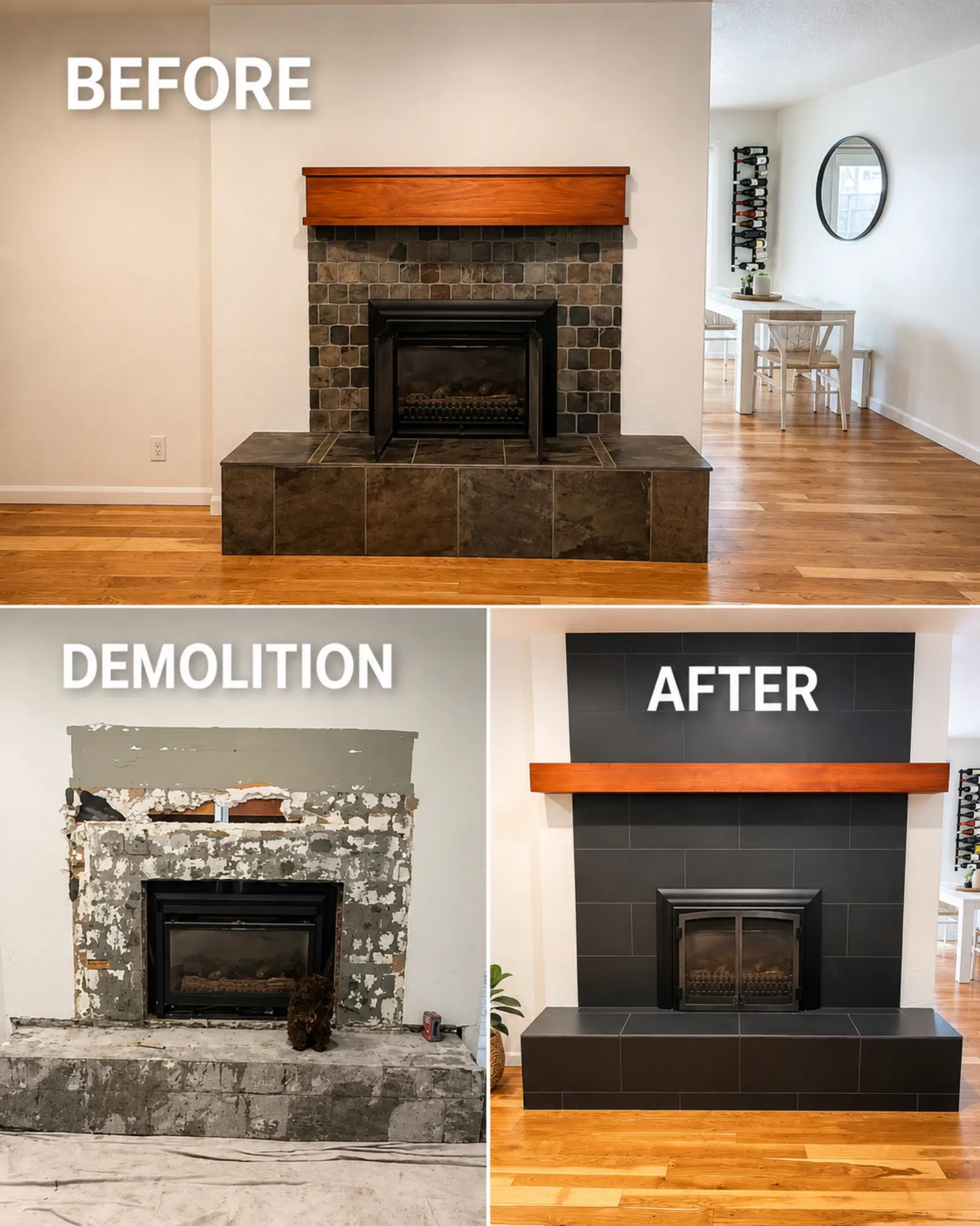 Fireplace transformation from original condition through demolition to final finish by Almog Construction.