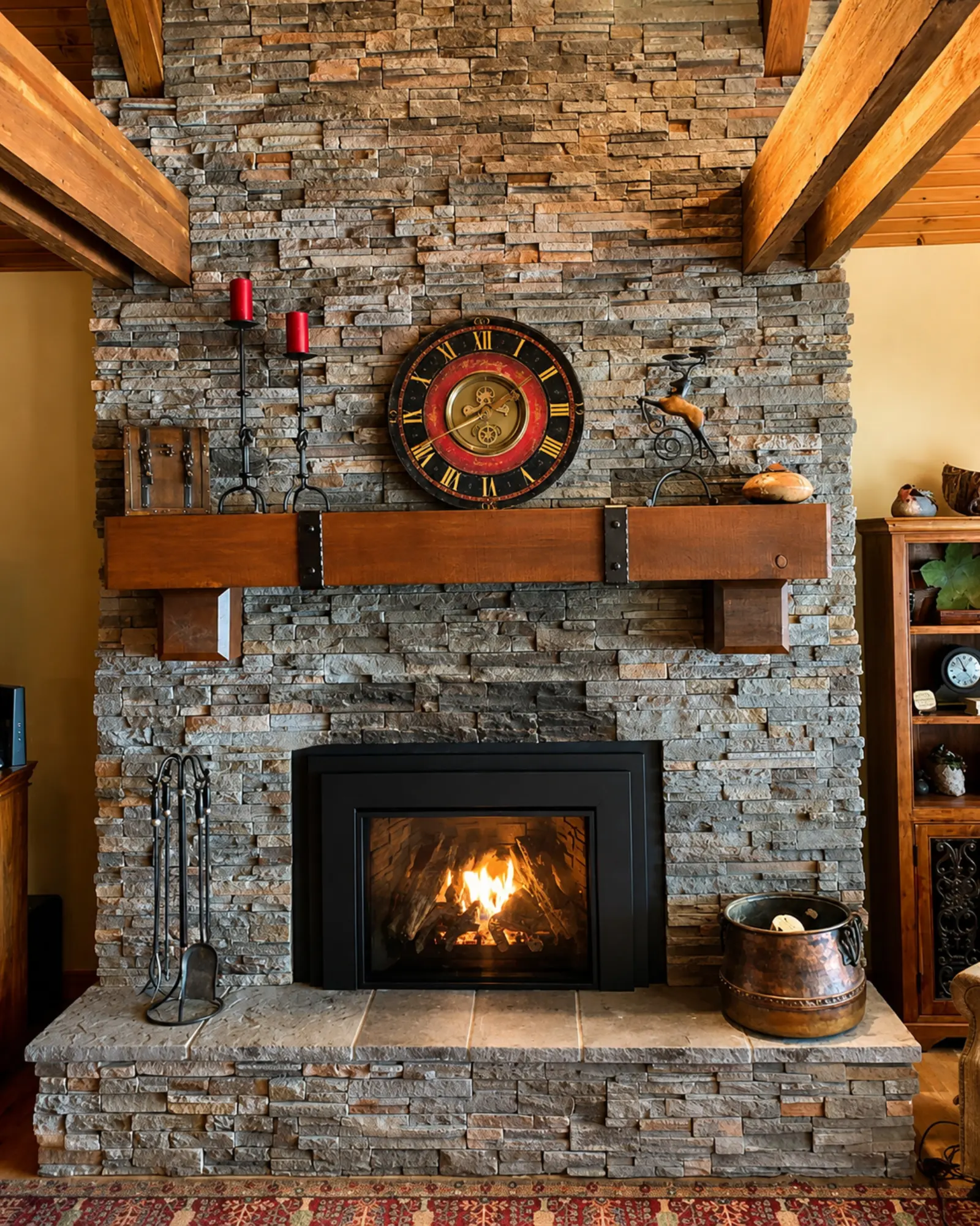 Stacked-stone fireplace with wood mantel — general construction project by Almog Construction in Central Oregon.