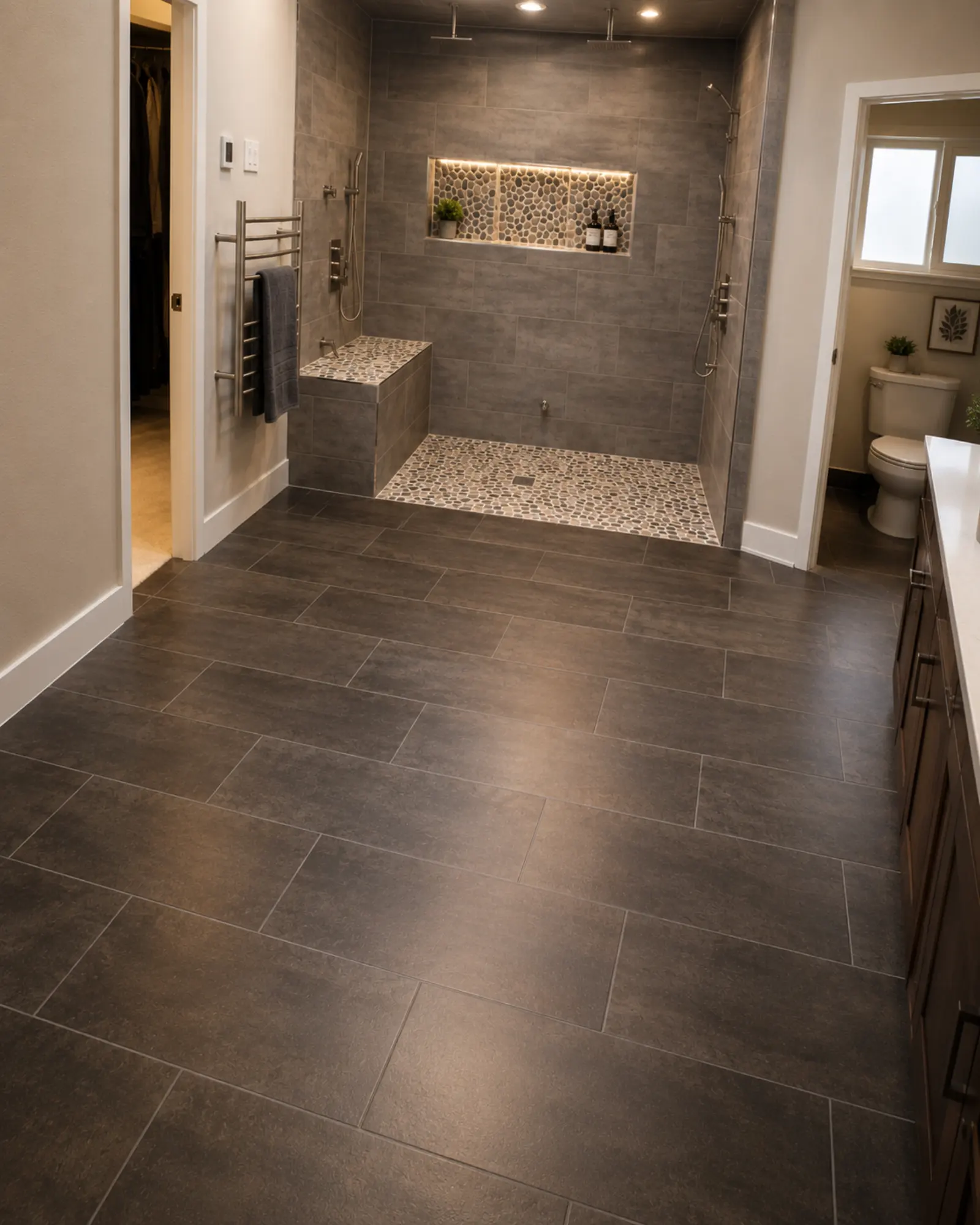 Custom bathroom tile flooring installed by Almog Construction in Central Oregon.