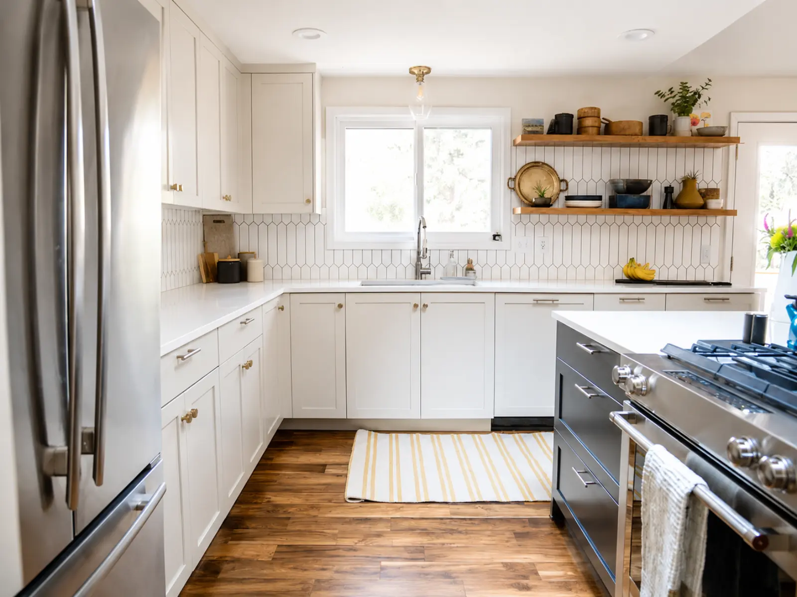 Bright kitchen remodel with custom cabinetry and open shelving by Almog Construction.
